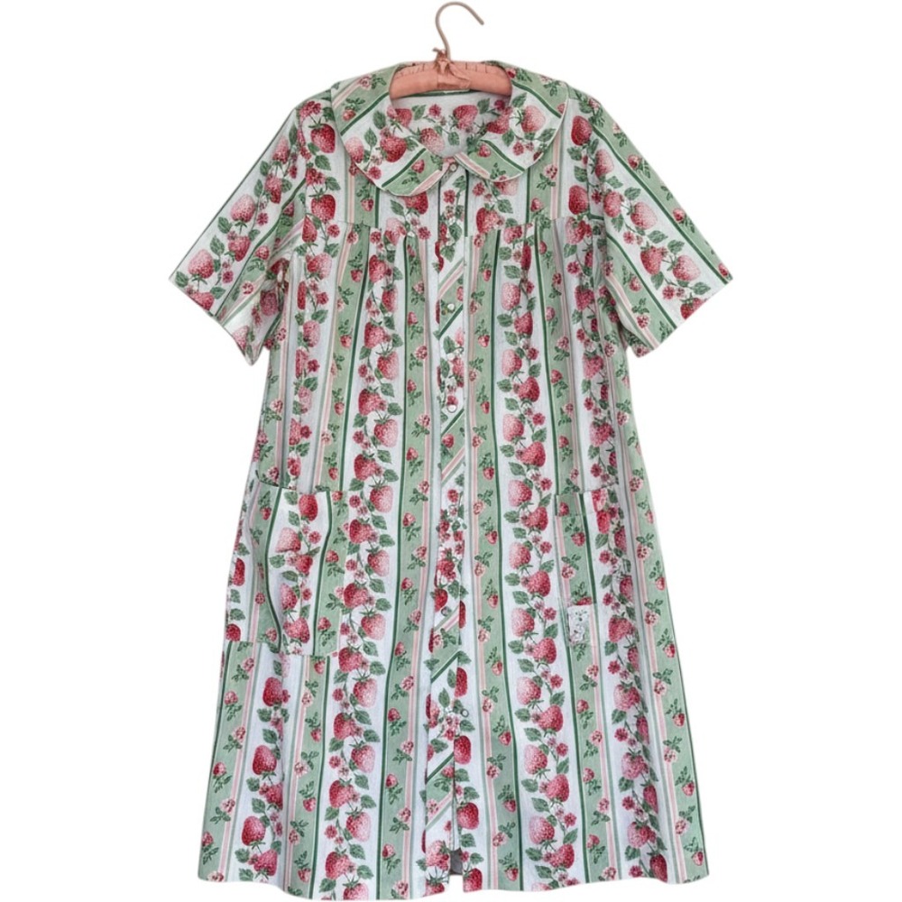 Komar Strawberry House Dress Vintage 60s 70s Stripe Cottagecore USA XL